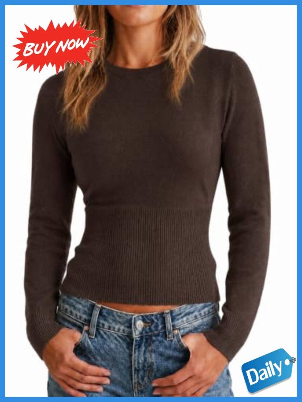 Long Sleeve Ribbed Waist Fitted Knit Pullover Sweater Crewneck Casual